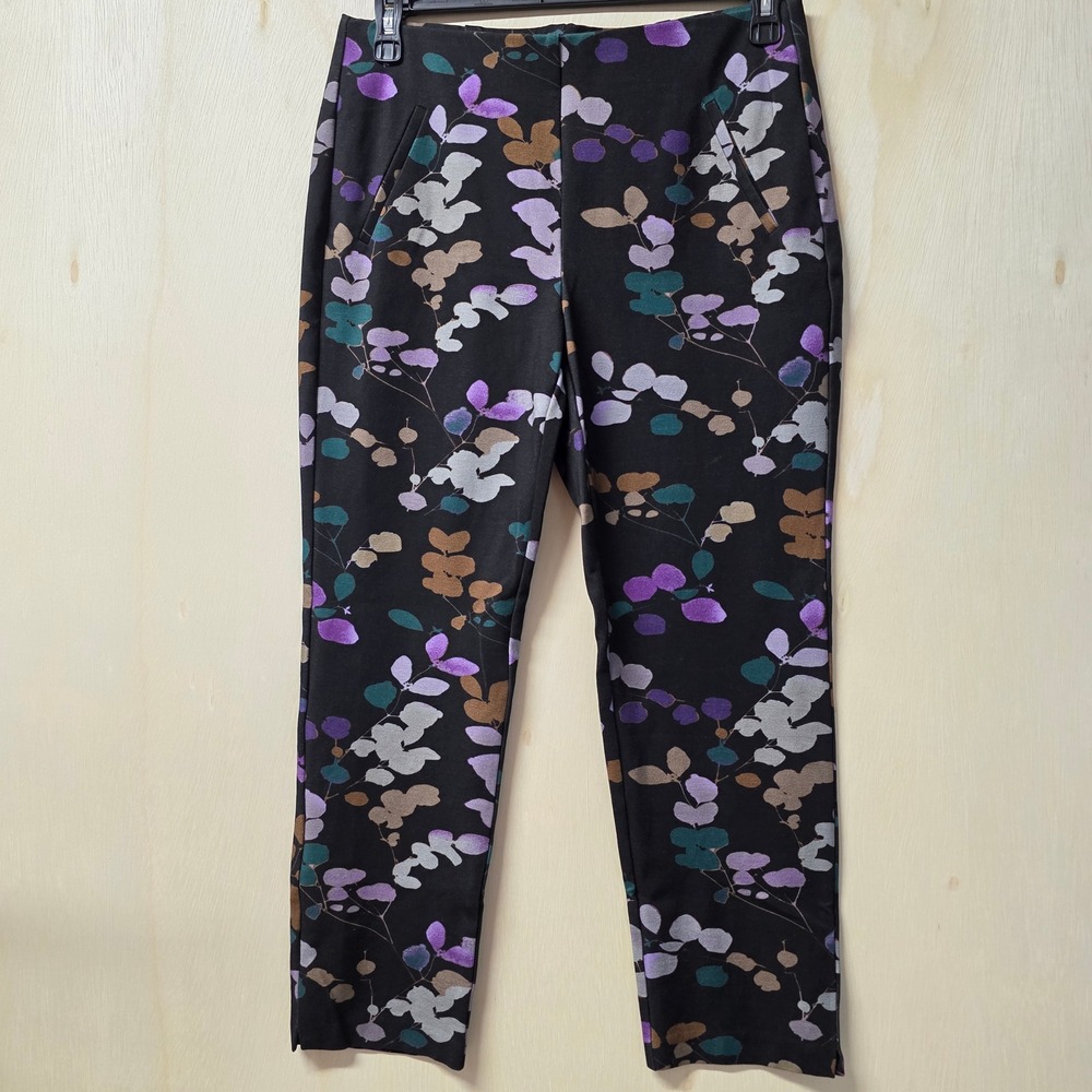 Chicos Brigit Slim Ankle Pants Womens 1 US 8 Black Purple Botanical Leaf Print - Picture 7 of 16